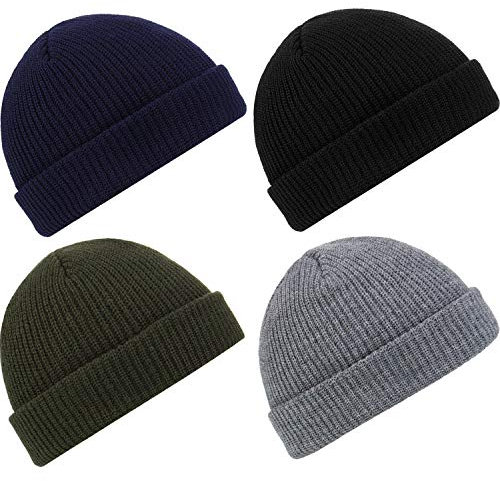 SATINIOR 4 Stücke Trawler Mütze Watch Hut Aufrollen Edge Schädeldecke Fisherman Mütze Unisex (Schwarz, Dunkelgrau, Grün, Marineblau)