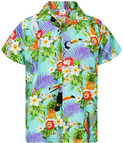 King Kameha Funky Camisa-Hawaiana, Manga-Corta, Parrot-Cockatoo, Azul-Claro, XL