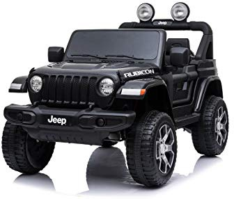 RIRICAR Elbil för barn J.E.E.P. Wrangler, svart, med 2,4 GHz fjärrkontroll, litiumbatteri, radio med Bluetooth och USB-ingång, Eva-hjul, elfordon barn från 3–8 år