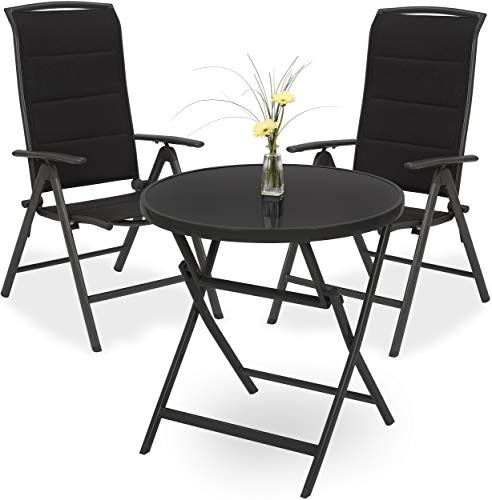 BRUBAKER Garten Sitzgruppe Milano - Wetterfest - Anthrazit | 1 Glastisch Klapptisch rund 70 cm Ø mit 2 Hochlehner Stühlen - Aluminium