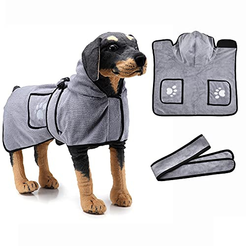 Ranphy Hunde-Bademantel mit Kapuze, weicher Haustier-Bademantel mit Doppeltasche und Gürtel, super saugfähig, schnell trocknend, Bademantel Pyjama, klein, mittel, groß, Hund, schnell trocknend, Mantel