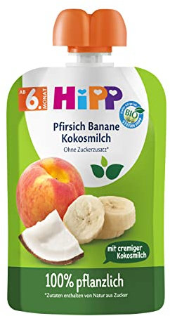 HiPP Bio Quetschie Pfirsich Banane mit Kokosmilch,16 Stück (4er Pack mit je 4 x 90g), für Babys ab 6. Monat, 100% pflanzlich, ohne Zuckerzusatz, vegan, in bester Bio-Qualität
