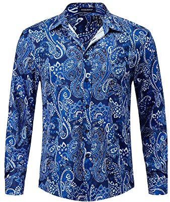 HISDERN Paisley Shirts for Men Blue Long Sleeve Casual Funky Shirt Button Down Fancy Shirt Regular Fit XXL