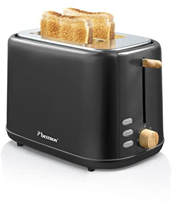 Bestron Toaster für 2 Toastscheiben, inkl. Brötchenaufsatz, 7 Bräunungsstufen & Krümelschublade, 800 Watt, Black & Wood-Design, Farbe: Schwarz / Holz