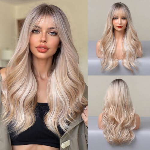 Esmee 22 Zoll Lange Lockige Ombre Blonde Perücken mit Dunklen Wurzeln für Frauen Natürlich Synthetisches Haar Perücke für Tägliche Party Cosplay Tragen