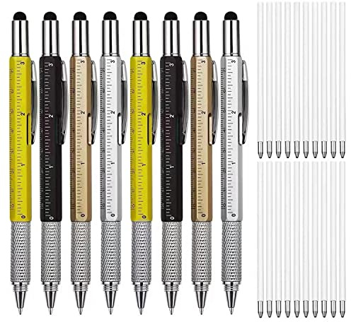 KEWAYO Lot de 8 stylos multifonctions 6 en 1, avec 10 recharges bleues / 10 recharges noires remplaçables, avec stylet tactile supérieur, règle cm/pouces, niveau à bulle, tournevis, pour hommes et