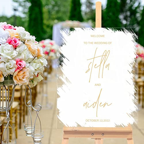 Panneau de bienvenue de mariage blanc et doré personnalisé en acrylique vintage pour cérémonie de mariage, fête prénuptiale, célébration, décoration de fête de mariage, 40,6 x 50,8 cm