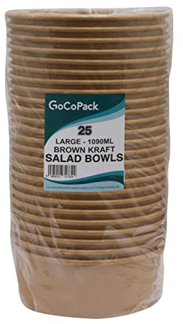 GoCoPack Kraft Salad Bowls: Pack of 25 Brown-Kraft Paper Salad Bowls - Perfect for Hot Food and for Salads - Available in A Range of Sizes and with Option to Buy Lids (Bowl - Large - 1090ml)