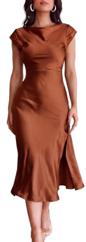 Gmeitoey Women's Summer Satin Elegance Backless Twist Cap Sleeves Midi Dress 2025 Sexy Cowl Neck Slit Cocktail Wedding Guest Dresses