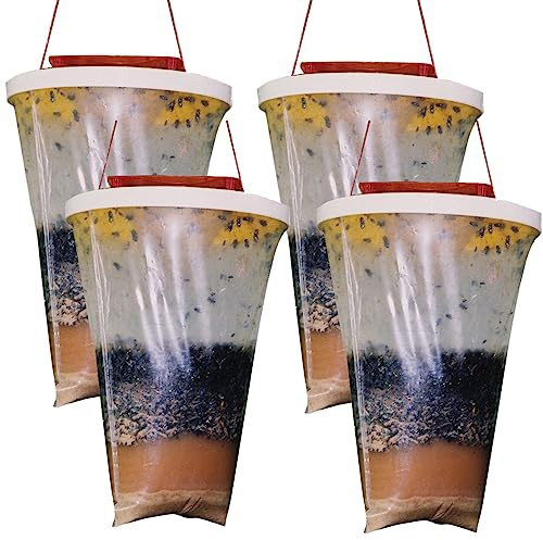 4 Pack Fly Traps Outdoor Hanging Fly Catcher, Disposable Ranch Fly Trap Catcher Bag with Fly Bait, Large Capacity Non-Toxic Control Fly Killer Repellent for Outdoor Garden, Farm, Horse Barn