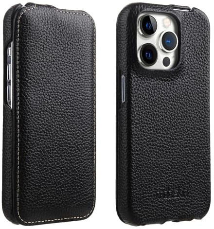Mobiskin Hülle passend für iPhone 15 PRO (6,1 Zoll), Handyhülle mit beschichtetem Leder, Flip Case, Schutzhülle, Handy-Tasche, Slim Cover, dünn, Schwarz