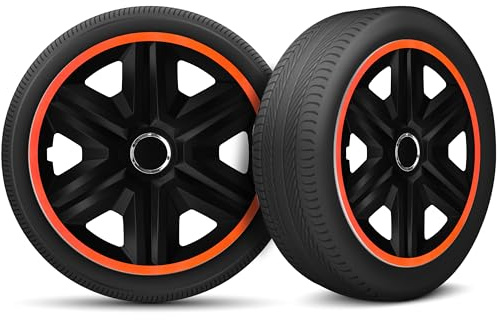 Radkappen 16 Zoll Radzierblenden 4er Set passend für alle Stahlfelgen - Einstellbarer Sicherungsring - Schwarz Orange
