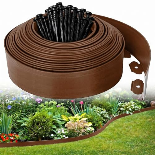 Beetumrandung 10cm Hoch 10m Lang, Flexible Rasenkante Kunststoff mit 30 STK. Heringen, No-Dig- Rasenkanten für Blumenbeet (Brown)