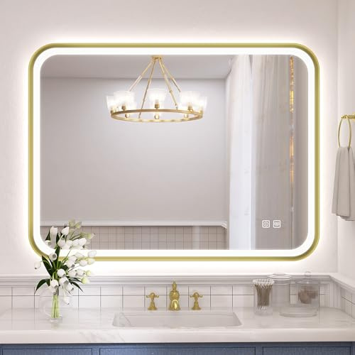S'bagno Badspiegel mit Beleuchtung 80x60cm, Goldener Aluminiumrahmen | Badezimmerspiegel mit Licht, Anti-Beschlag, 3 Lichtfarben Dimmbar, CRI >90, Memory-Funktion, IP44, Horizontal/Vertikal