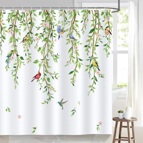 Bonhause Duschvorhang Grün Blätter Vögel Blumen Frühling Duschvorhänge 180 x 180 cm Anti-Schimmel Wasserdicht Polyester Stoff Waschbar Bad Vorhäng für Badzimmer mit 12 Haken