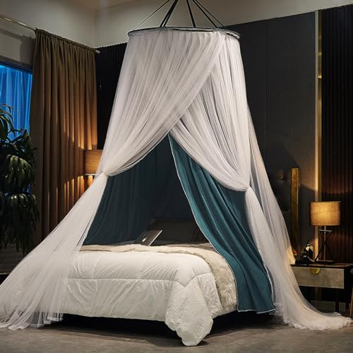 Koomuao Moskitonetz Bett für Doppelbett Einzelbett, Insektenschutz für Babybett Kinderzimmer mit Klebehaken Schrauben Groß Hängend Himmelbett Vorhänge Mückennetz Travel für Reise und Zuhause (Blau)