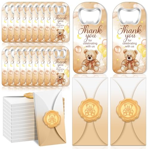 Ninehaoou 50 Sets Bear Baby Shower Favors Baby Shower Bottle Opener Favors Thank You Handheld Bottle Opener with Wax Sticker Gift Box for Guests Wedding Return Gifts