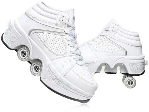 Rullskridskor, infällbara 4 hjul skateboard sneakers, skridskor med hjul för pojkar flickor, Vit utan ljus, 37.5 EU