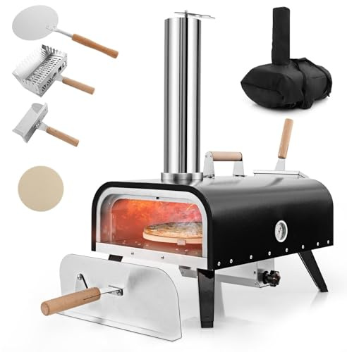 GYMAX Outdoor Pizzaofen, tragbarer Grillofen mit Thermometer, Pizzastein & Pizzaschaufel, Gartenofen aus Edelstahl, Holzofen mit Tragetasche für Camping, Picknick & Party