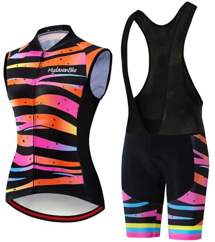 Mydawan Conjunto Ropa Ciclismo Mujer Verano Maillot Ciclista,Traje Bici MTB Sin Mangas Chaleco Ciclo y Culotte Tirantes con 19D Gel Acolchado,Completa Bicicleta Jerseys Transpirable Secado Ráido(1,L)