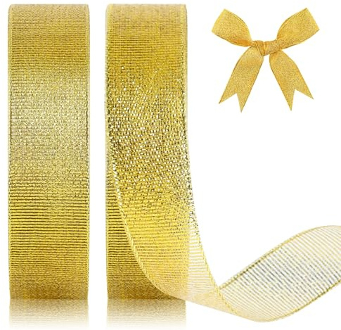 GXFCING Organzapand guld, 20 mm brett, 44 meter glitter, presentband, jul, band för presentförpackning, hantverk, födelsedag, dop, bröllop