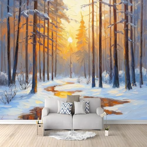 Carta Parati Murale Moderna Pineta Tramonto Neve 300x210 cm Poster Fotomurale Non Tessuto, Carta da Parati Panoramica 3D per Soggiorno, Camera Letto, Ufficio, TV Sfondo
