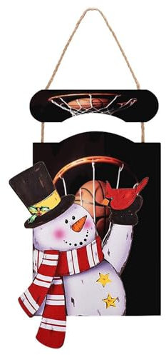 Christmas Snowman Wooden Sign, Basketball Print Festive Hanging Board for Home Decor, Front Door Ornament, Holiday Decoration