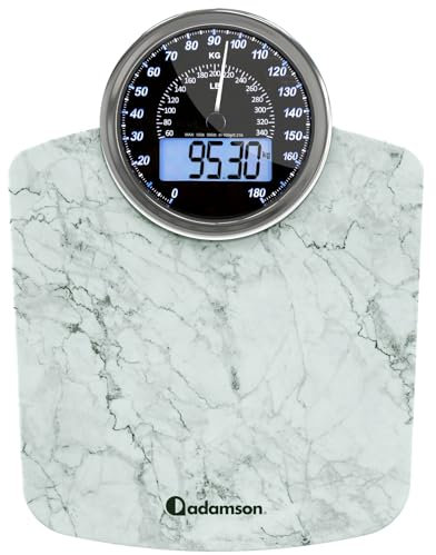 Adamson Hybrid + 2-in-1 Digitale & Analoge Körperwaage bis 180 kg + Dickes Hartglas + Extra Große Anzeige + Einfach Ablesbare Digitale Personenwaage+ NEU + Marmor Weiß