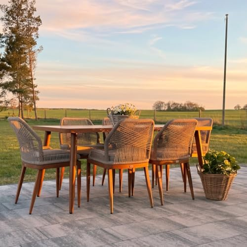 PURPLE LEAF Gartenmöbel Set 7-TLG 6 Stühle mit Tisch PE Rattan Teakfarbe | Robuste HPL-Platte, Ergonomische Lehne, Alurahmen bis 160 kg, Robuster Alurahme, Handgeflochtenes Sei, Hoher Sitzkomfort