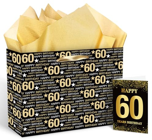 Schwarz Gold 60. Geburtstag Geschenktasche mit Tissue Papier und Grußkarte, 60. Geburtstag Geschenk Verpackung Papiertasche für Mann Frauen 60. Party Deko Zubehör