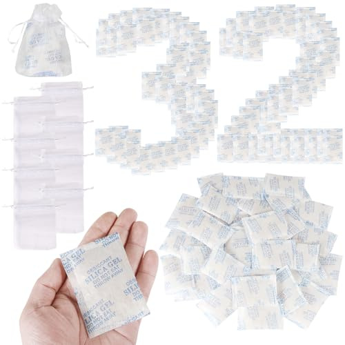 Lot de 32 sacs déshydratants anti-moisissure en gel de silice - 10 g - Sacs absorbants d'humidité de qualité alimentaire - Sacs déshumidifiants en silicone avec 10 sacs à cordon pour aliments et
