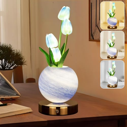 Wekity Tulip Flower Lamps, 3 Colors Dimmable Planet Night Light, Rechargeable Cordless Tulip Small Table Lamp for Date Party Home Decoration (Blue)