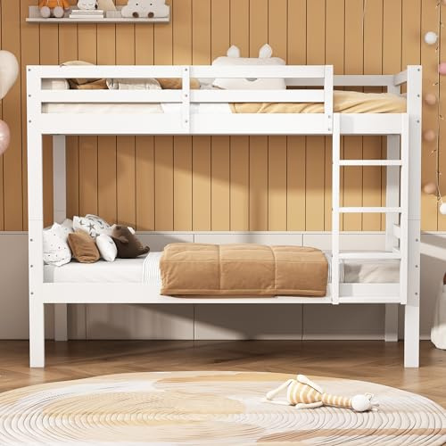Fppuueg Literas de 90x200 con Escalera y Protección contra Caídas, Litera Infantil con Listones de Madera, Cama Litera Matrimonio Convertible en 2 Cama Individual, Blanco B, Sin Colchón