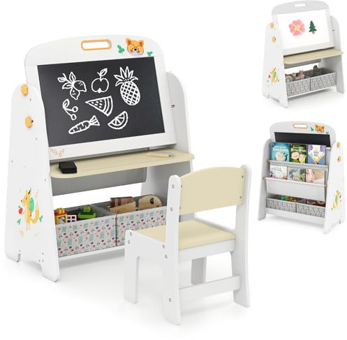 COSTWAY Kids Art Easel and Chair Set, Wooden Toddler Activity Table with Magnetic Whiteboard, Blackboard, Bookshelf, Fabric Bins, Double-Sided Easels for 3+ Years Old