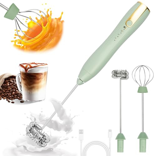 TonJin Frother Wand Rechargeable USB-C Milk Frother Handheld Mixer Electric with 2 Whisk Heads, 3 Speeds Adjustable Coffee Drink Mixer for Lattes, Matcha, Hot Chocolate, Egg, Matcha(Green)