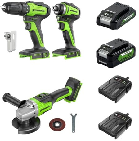 Greenworks Kit de 3 outils sans fil 24 V, composé d'une visseuse sans fil (35 Nm), d'une visseuse à percussion sans fil (220 Nm), d'une meuleuse d'angle sans fil (125 cm), de 2 batteries et d'un
