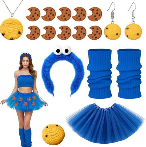 Monster Kostüm Damen, Cookie T-Shirt Haarreif Kekse Halskette Tüllrock | Blau Mo nster Tasche Monster Kostüm Erwachsene, Karneval Halloween Cosplay Accessoires