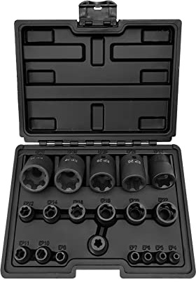 Yctze Jeux de Douilles EP, 19 Pièces 1/4 3/8 1/2 Femelle Externe Torx Star Jeu de Douilles EP32, avec Boîte de Rangement Portable en Plastique, pour Outils Automobiles Professionnels