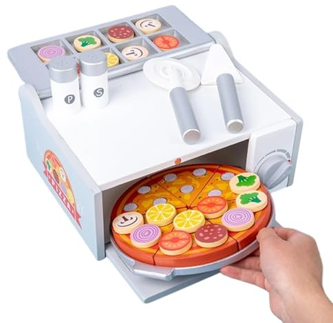 Pizza-Set aus Holz für Kinder, pädagogisches Rollenspiel für Vorschule mit Backofen, Spielzeug für Kinderküche | für Weihnachten, Geburtstag, Party und Urlaub