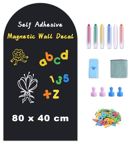 WIBOSOGA Tableau Noir Magnétique Autoadhésif 80 x 40 cm – Feuille Murale Effaçable avec Surface Magnétique, Design Arche, Inclut Craies, Chiffon et Aimants – Maison, Bureau, École (Noir)