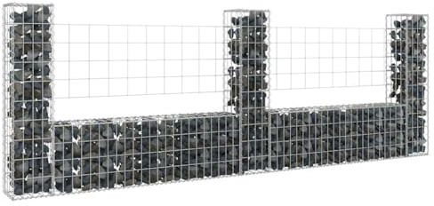 Mokuyary Panier de Gabion en Forme de U avec 3 poteaux Fer 260x20x100 cm Cages à Pierres, Bordure de Jardin Clôture de Jardin Grille de Gabion pour Extérieur, Terrasse, Arrière-Cour, Pelouse
