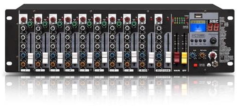 8 Channel Stereo Line Rack Mixer - Microphone Preamplifiers, Rackmount Audio Mixer with 3 Band EQ per Channel, USB/MP3 Playback, XLR Inputs for Recording Studios, Concerts, Meetings