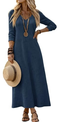 Sommerkleid Damen Leicht Lang Elegant Musselin Kleid Sommer Maxikleider Langarm V Ausschnitt Strandkleid Baumwolle Leinen Kleider Frauen A Linie Frühlingskleid mit Ärmeln Herbstkleid