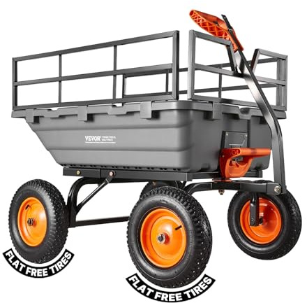 VEVOR Chariot de Jardin Basculant 680 kg Chariot à Benne Basculante Polypropylène pour Transport Plante Terre Récolte, avec Ridelle Amovible, Basculement 90°, Poignée 2 en 1, Essieu Directionnel 270°