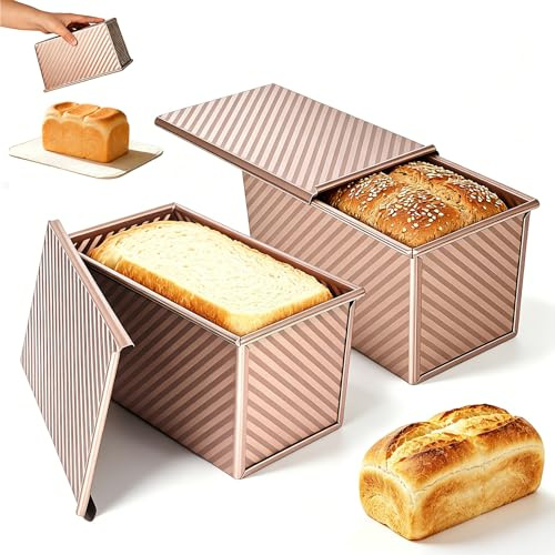 Trendecor 2 Piece Loaf Tin, 450g(1lb) Non Stick Bread Tin with Slide Cover Gold Carbon Steel Corrugated Loaf Pan Loaf Tins for Baking Bread Toast Cake