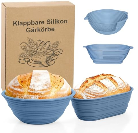 Set di cestini da lievitazione pieghevoli in silicone: ovale da 28 cm e rotondo da 25 cm con pennello da cucina – Robusti, antiaderenti e facili da pulire, stampi per pane a lievitazione naturale