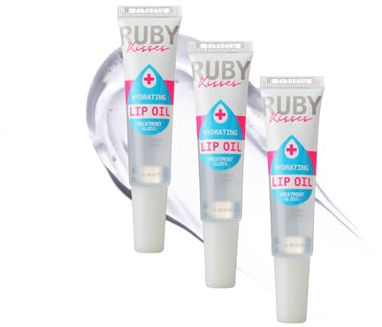 Ruby Kisses Hydrating Clear Lip Oil Treatment Gloss (3 Pack), Hydrates & Heals with Vitamin E & Jojoba, Lightweight Non-Greasy Formula with Almond Oil, Repair & Protect Dry Chapped Lips