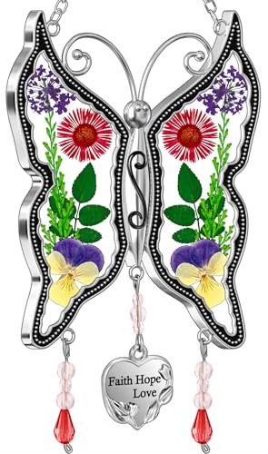 KY&BOSAM Butterfly Suncatcher Faith Hope Love Stained Glass Sun Cathers for Windows Hangings Wind Chime Ornament, Real Flower Wings Charm with Metal Mother's Day Mom Sister Birthday Gifts