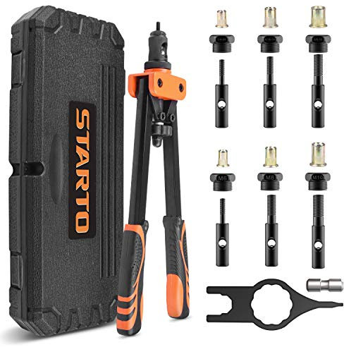 35,6 cm Nietmutter-Werkzeug, Handnietmuttern-Setter-Set mit 6 metrischen/SAE-austauschbaren Spanndorn (1/4-20, 5/16-18, 3/8-16, M6, M8, M10), Niet-Montagewerkzeug mit Tragetasche, 21 Stück Nietmuttern