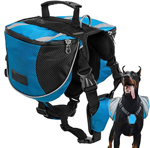 PJDDP Hunderucksack Hundetasche Hund Packtaschen Doppeltasche Satteltasche Für Hound Travel Outdoor Hund Rucksack Reflektierende Verstellbarer Hundegeschirrtasche Für Mittlere Und Große Hund,Blau,M